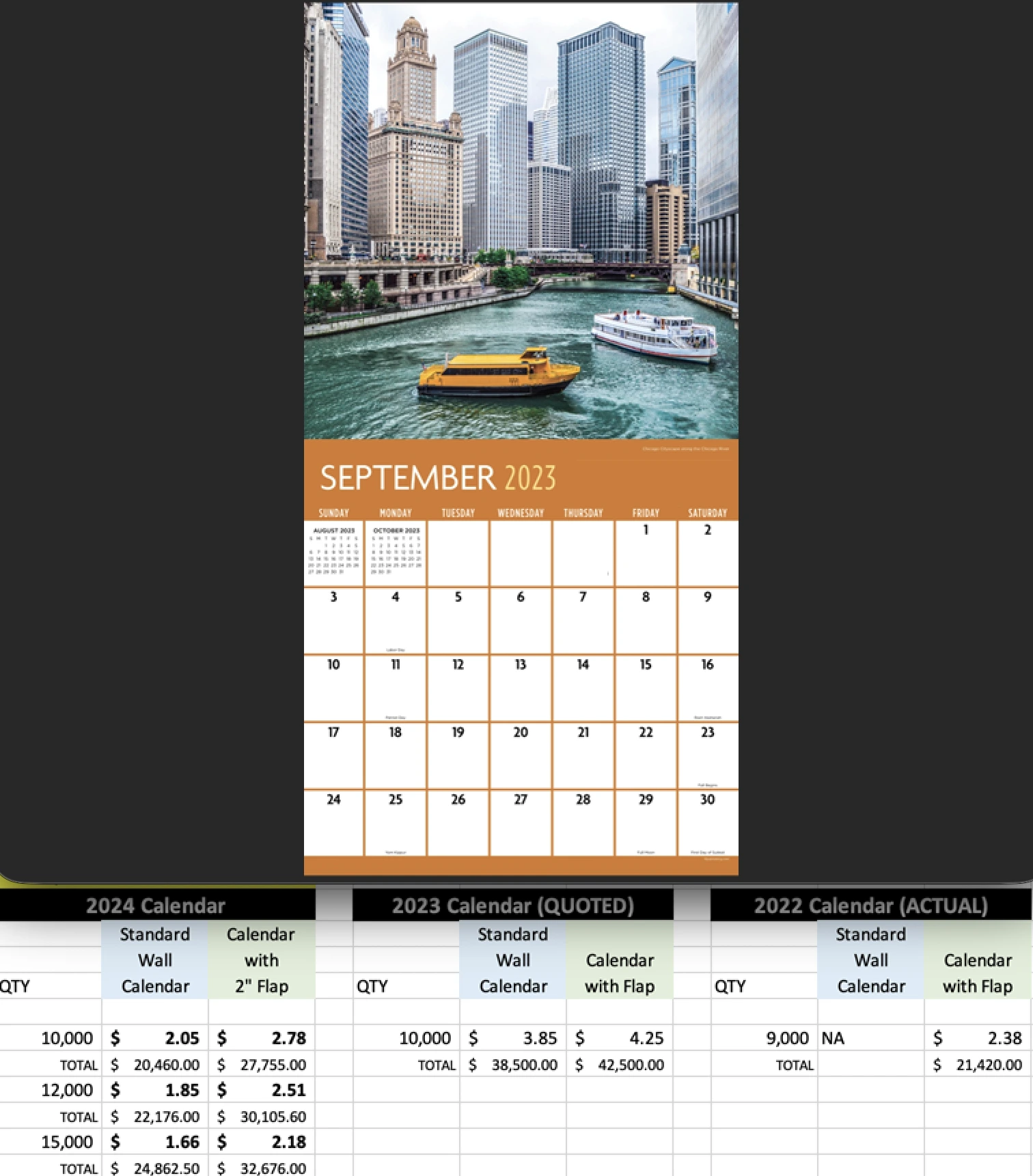 Custom calendar design and production cost comparison spreadsheet